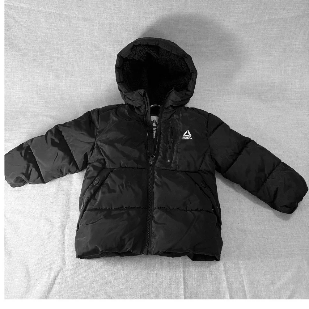 Kids Black Reebok Puffer Jacket Hooded Sherpa‎ Lined Winter Warm Coat